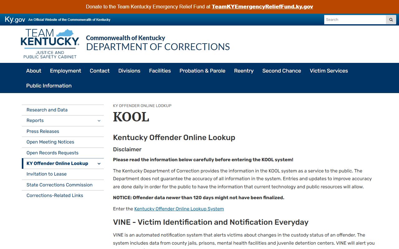 Kentucky KOOL information page for state inmate photo and custody lookup