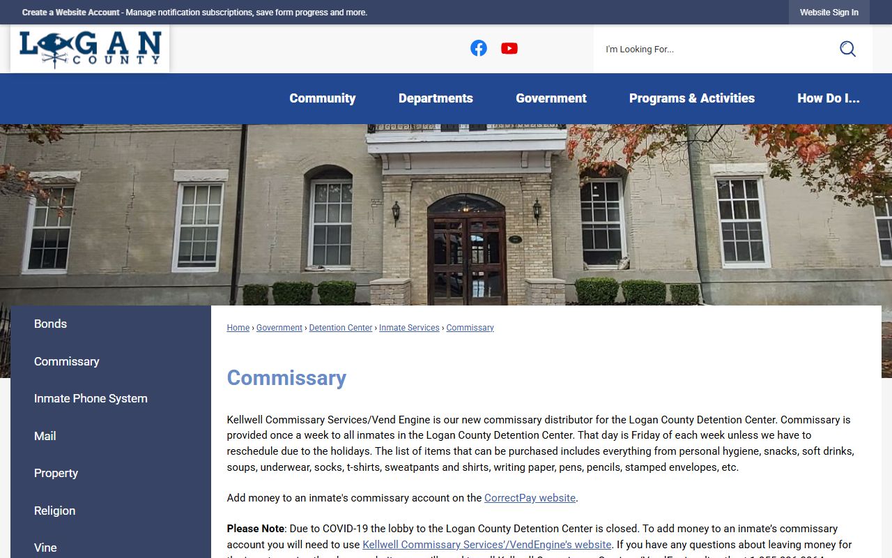 Logan County commissary page for detention center deposits and inmate services