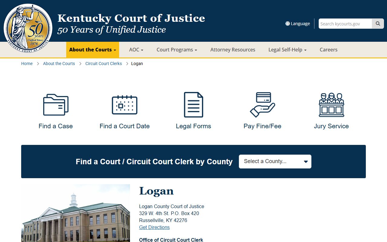 Logan County Court of Justice page for court records after arrest
