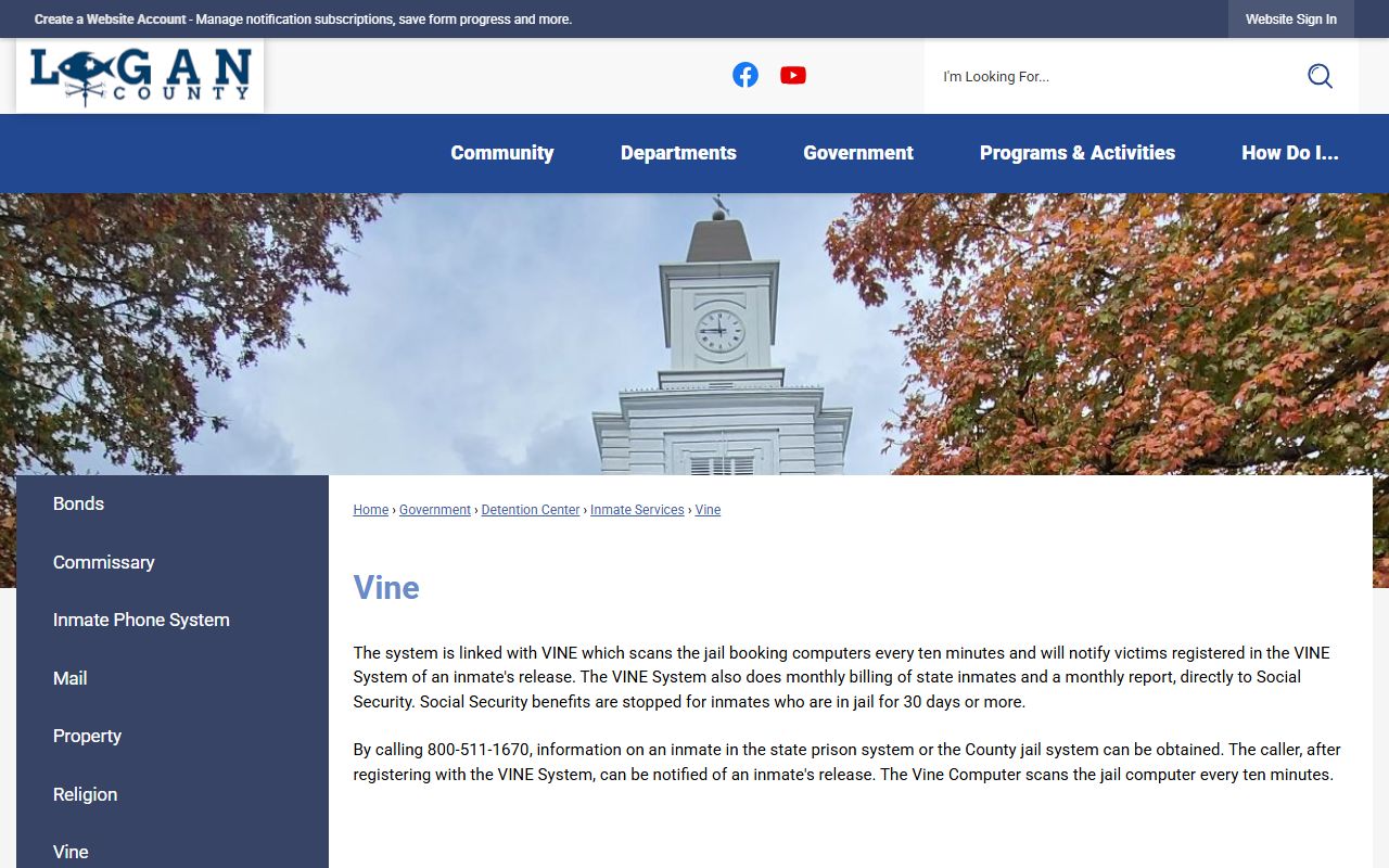 Logan County VINE page for inmate custody notification records