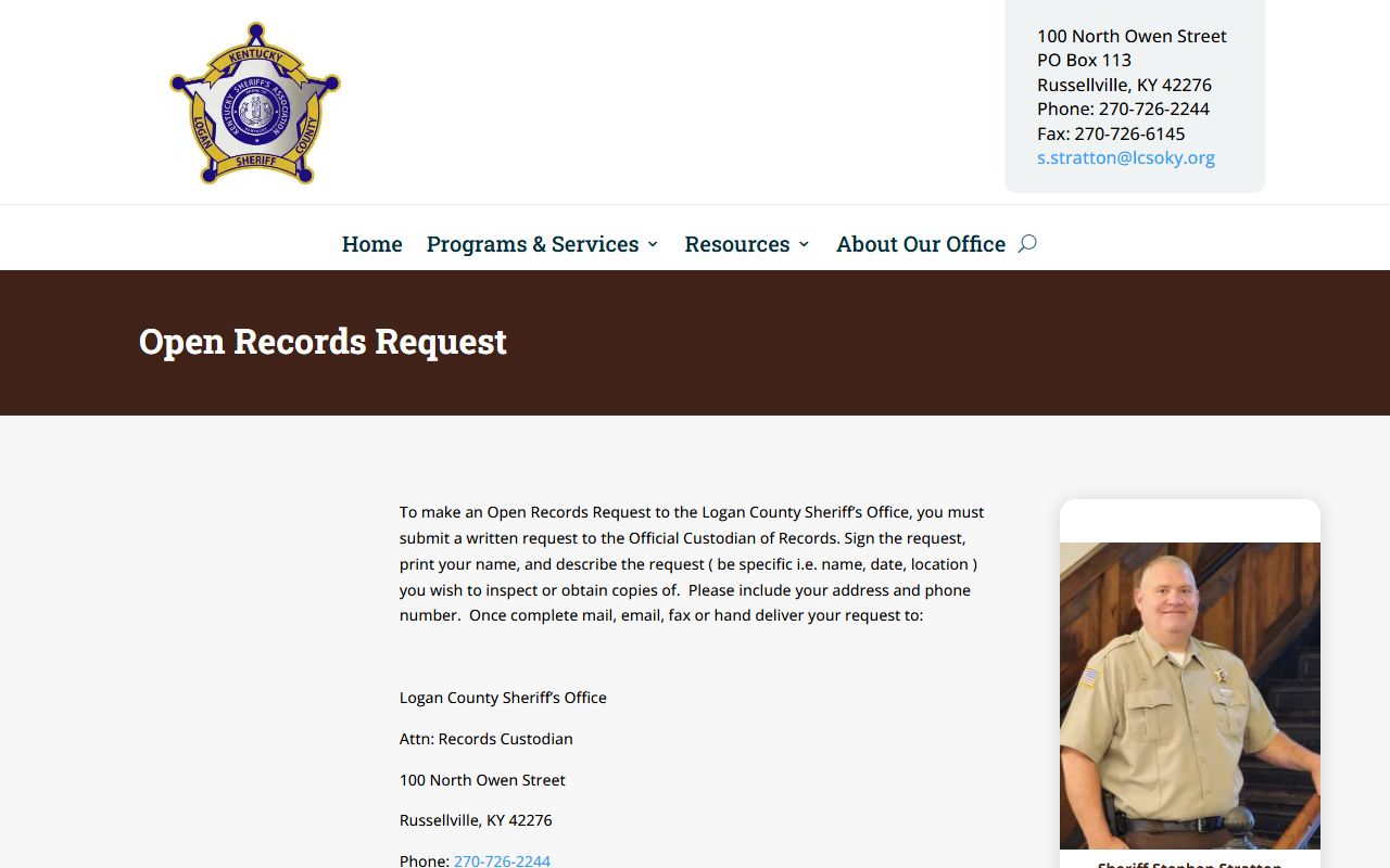 Logan County Sheriff open records page for booking photo requests